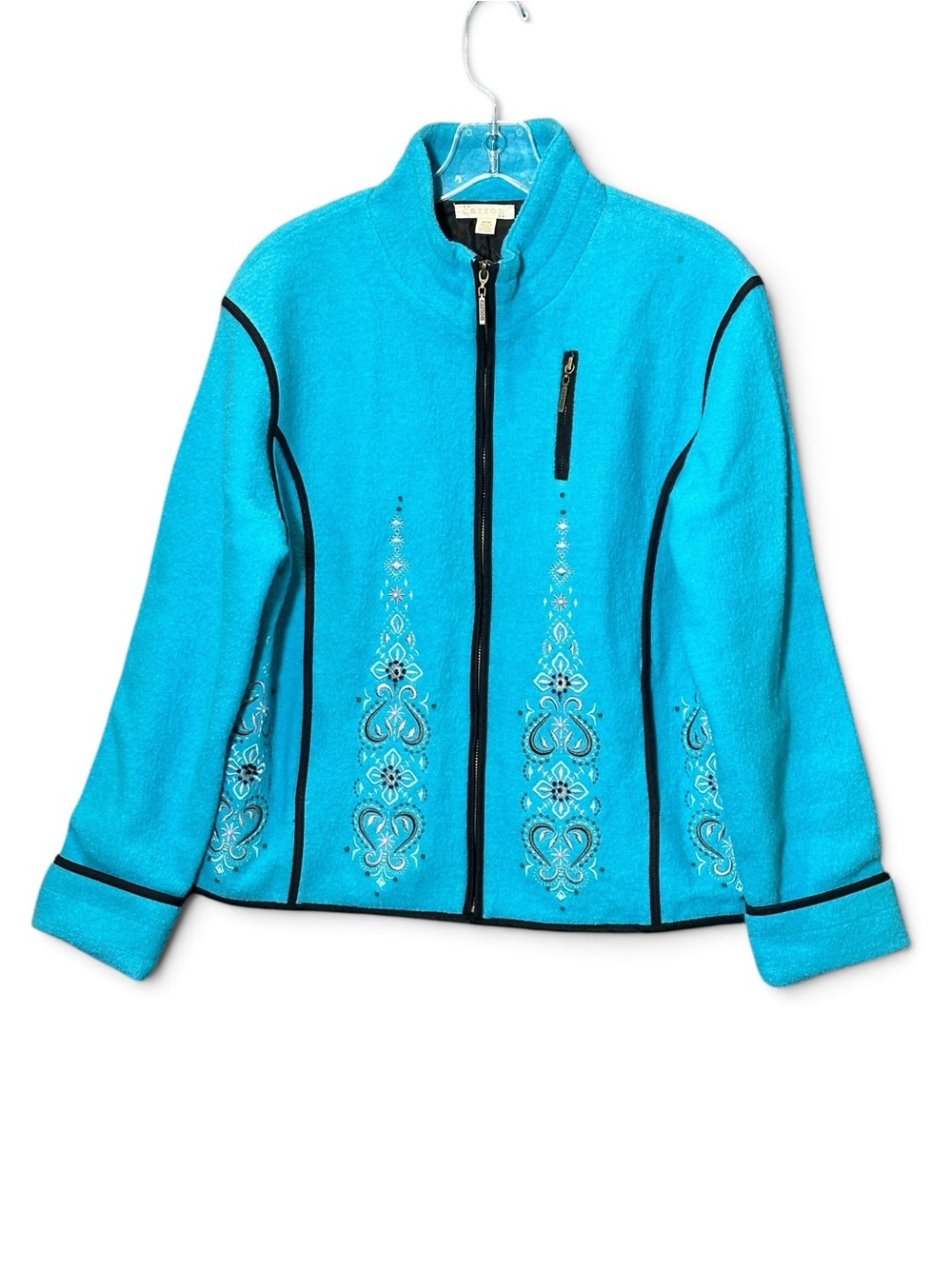 Carson Womens M Turquoise 100% Wool Embroidered Jacket Southwestern Western Zip